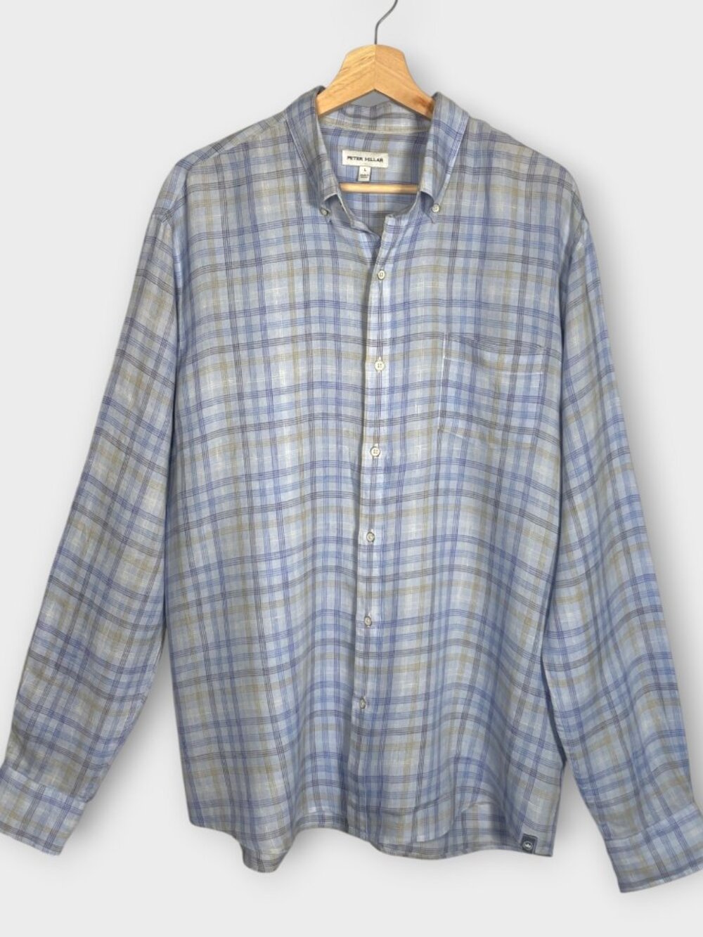 Peter Millar 100% Linen Button Down Shirt Men’s L Blue Check Long Sleeve
